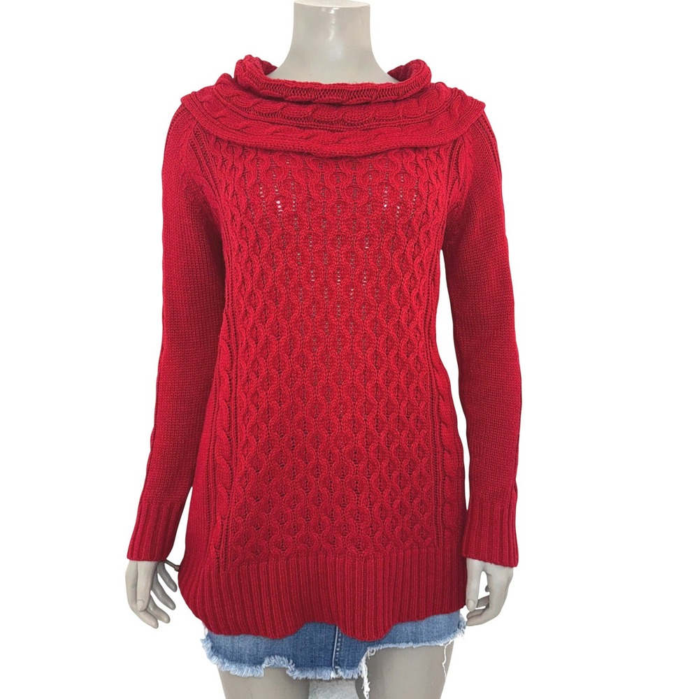United States Sweaters XL Red Cable Knit Cowl Neck Tunic Grandmacore Aesthetic